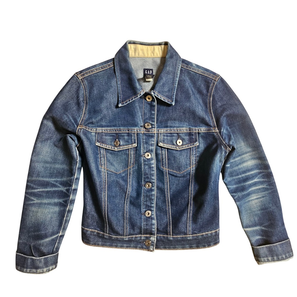 Gap Womens Denim Trucker Jacket S Dark Wash Button Front Cotton Blend Streetwear